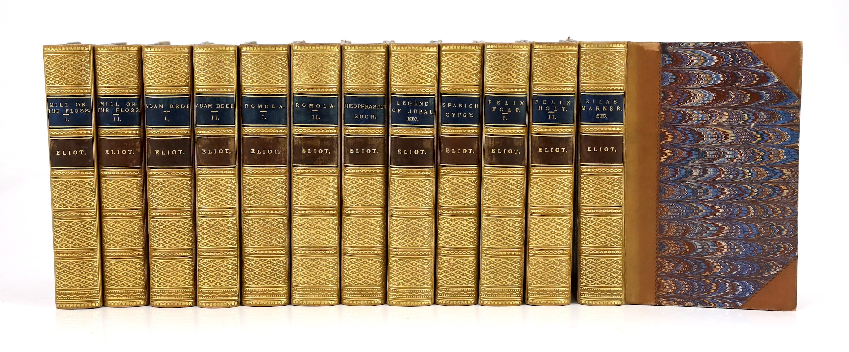 Eliot, George - The Works, 7 books bound in 12, consisting of The Mill on the Floss, (2 vols); Adam Bede; (2 vols); Romulo, (2 vols); Felix Holt, (2 vols); Silas Marner,; The Spanish Gypsy; Impressions of Theophrastus Su